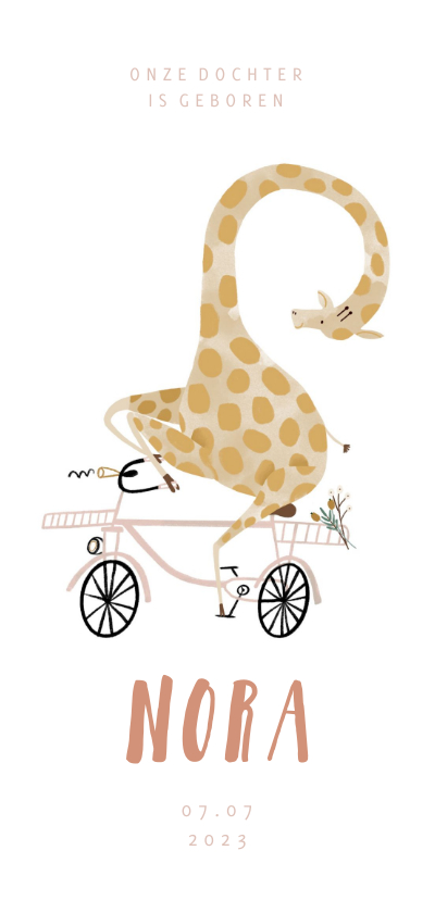 Geboortekaartjes - Geboortekaartje hip met giraf op roze fiets illustratie