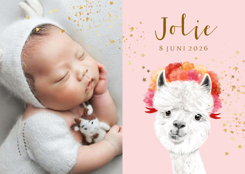 Geboortekaartjes - Geboortekaartje illustratie alpaca sterretjes goudfolie