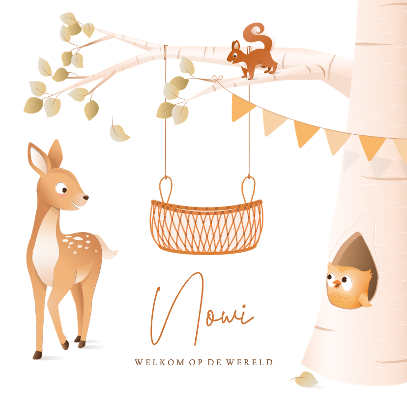 Geboortekaartjes - Geboortekaartje illustratie bosdieren met rotan baby mandje