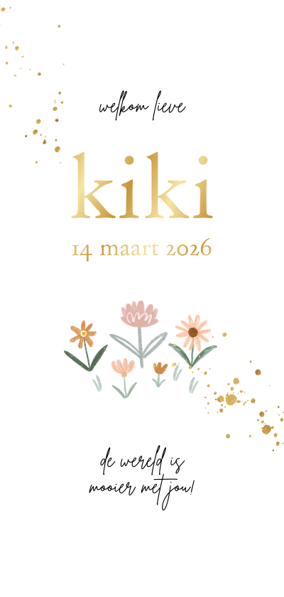 Geboortekaartje illustratie veldbloemen goudfolie spetters - Geboortekaartjes Geboortekaartjes - Geboortekaartje illustratie veldbloemen goudfolie spetters