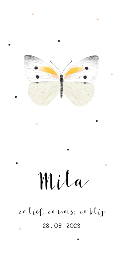 Geboortekaartjes - Geboortekaartje illustratie witte vlinder en stipjes