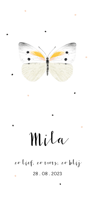 Geboortekaartje illustratie witte vlinder en stipjes - Geboortekaartjes Geboortekaartjes - Geboortekaartje illustratie witte vlinder en stipjes