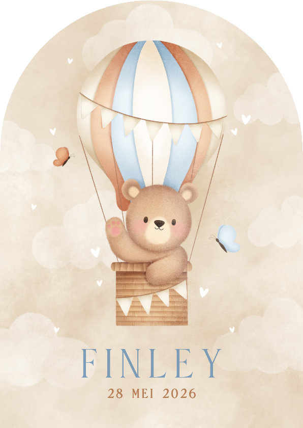 Geboortekaartjes - Geboortekaartje jongen beertje luchtballon vlinders & wolken