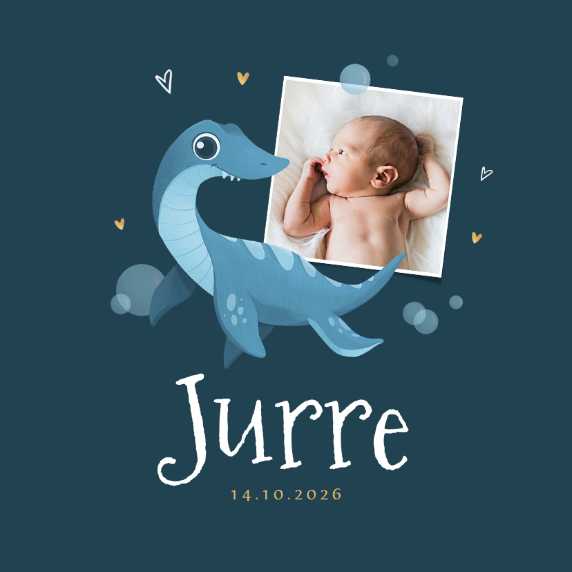 Geboortekaartje jongen dino plesiosaurus hartjes foto - Geboortekaartjes Geboortekaartjes - Geboortekaartje jongen dino plesiosaurus hartjes foto