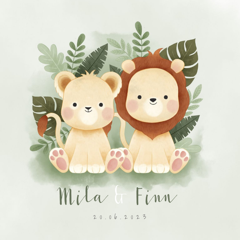 Geboortekaartje jongen & meisje leeuwtjes jungle - Geboortekaartjes Geboortekaartjes - Geboortekaartje jongen & meisje leeuwtjes jungle