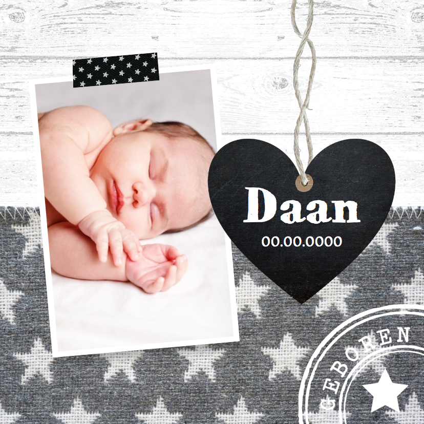 Geboortekaartje jongen foto hartje sterren - Geboortekaartjes Geboortekaartjes - Geboortekaartje jongen foto hartje sterren