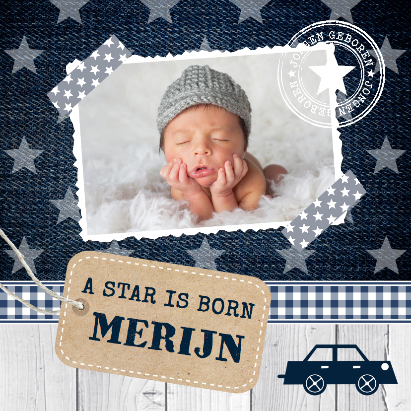 Geboortekaartjes - Geboortekaartje jongen foto sterren label