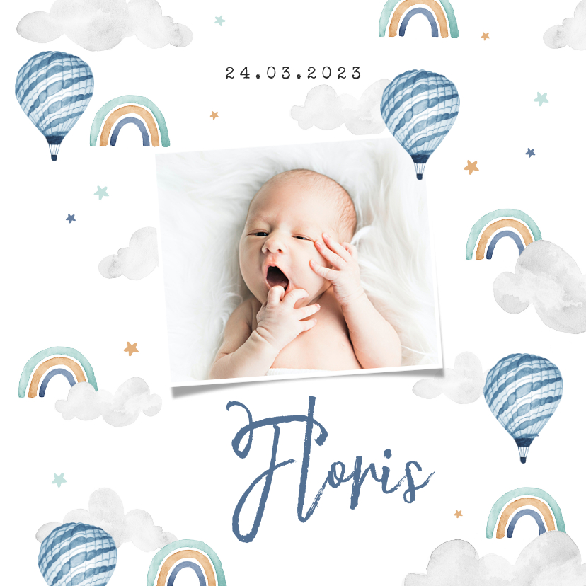 Geboortekaartjes - Geboortekaartje jongen foto wolkjes luchtballon regenboog