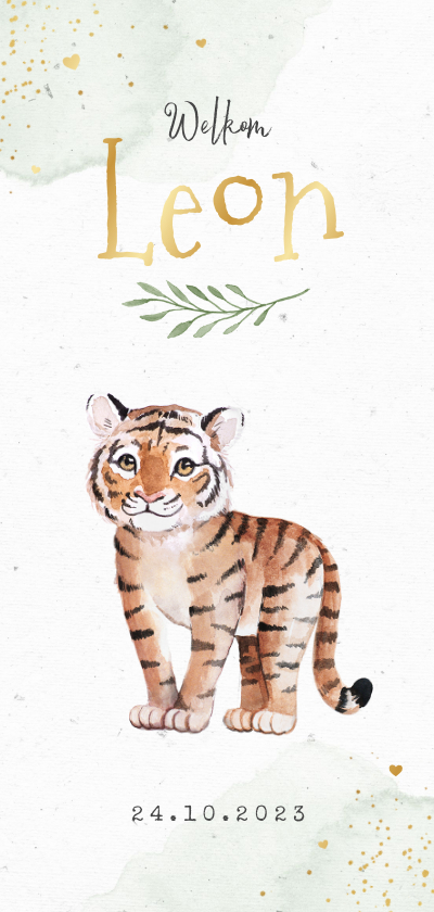 Geboortekaartjes - Geboortekaartje jongen jungle tijger waterverf hartjes goud