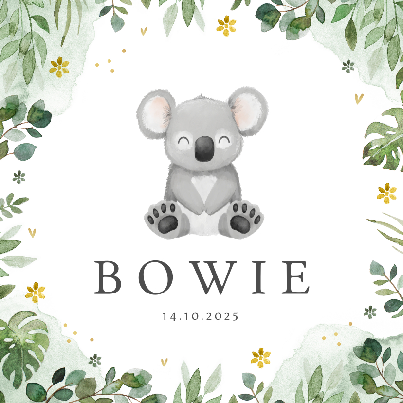 Geboortekaartjes - Geboortekaartje jongen koala jungle bloemen lief