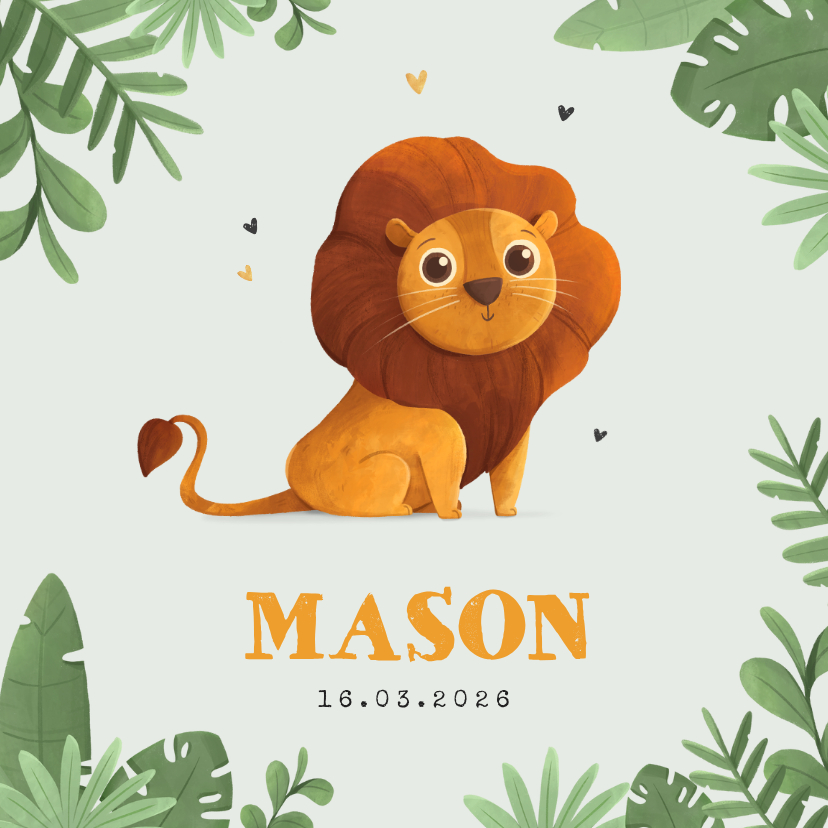 Geboortekaartjes - Geboortekaartje jongen leeuw jungle dieren hartjes