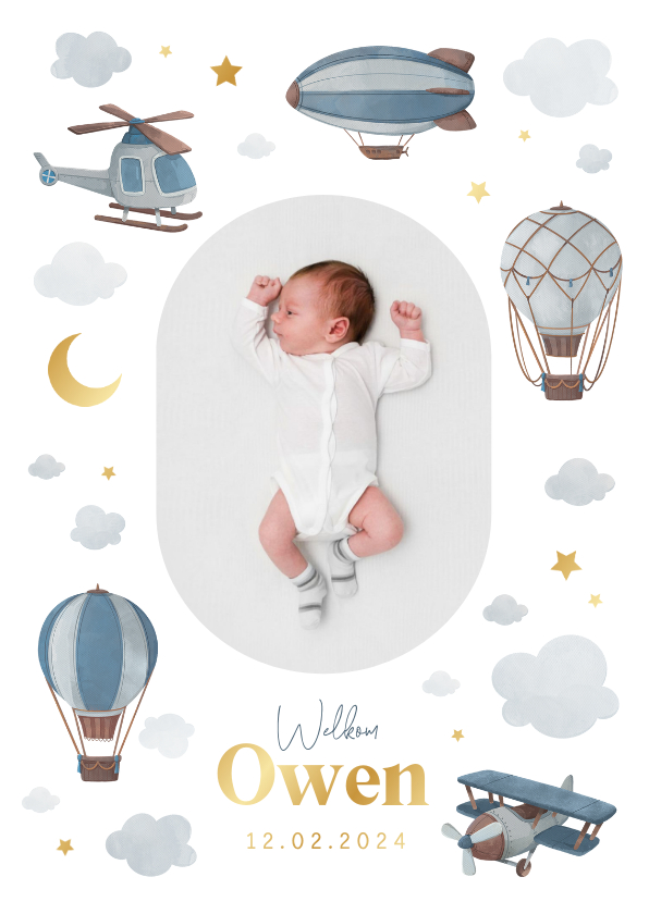 Geboortekaartjes - Geboortekaartje jongen luchtvaartuigen wolken maan sterren