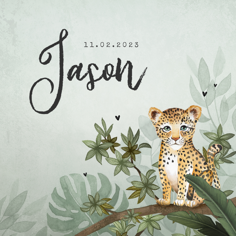 Geboortekaartjes - Geboortekaartje jongen luipaard botanisch groen jungle