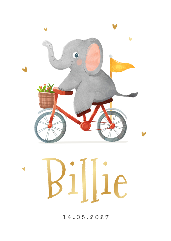Geboortekaartje jongen meisje olifant goud hartjes - Geboortekaartjes Geboortekaartjes - Geboortekaartje jongen meisje olifant goud hartjes