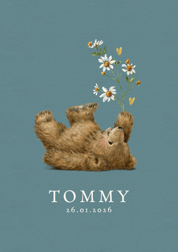 Geboortekaartjes - Geboortekaartje jongen met beertje en bloem met hartjes