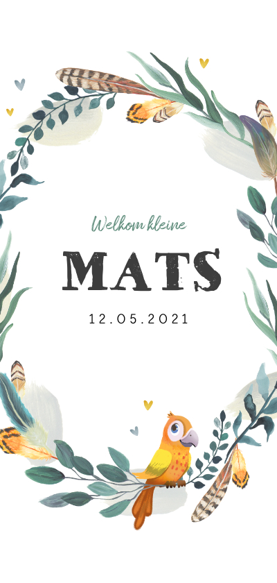 Geboortekaartje jongen met bladeren, veertjes en vogeltje - Geboortekaartjes Geboortekaartjes - Geboortekaartje jongen met bladeren, veertjes en vogeltje