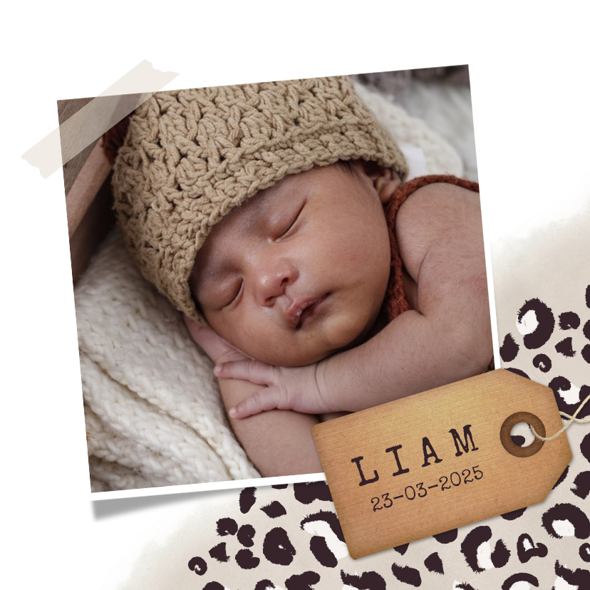 Geboortekaartjes - Geboortekaartje jongen met taupe panterprint en foto