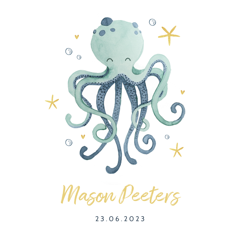 Geboortekaartjes - Geboortekaartje jongen octopus oceaan sterren hartjes