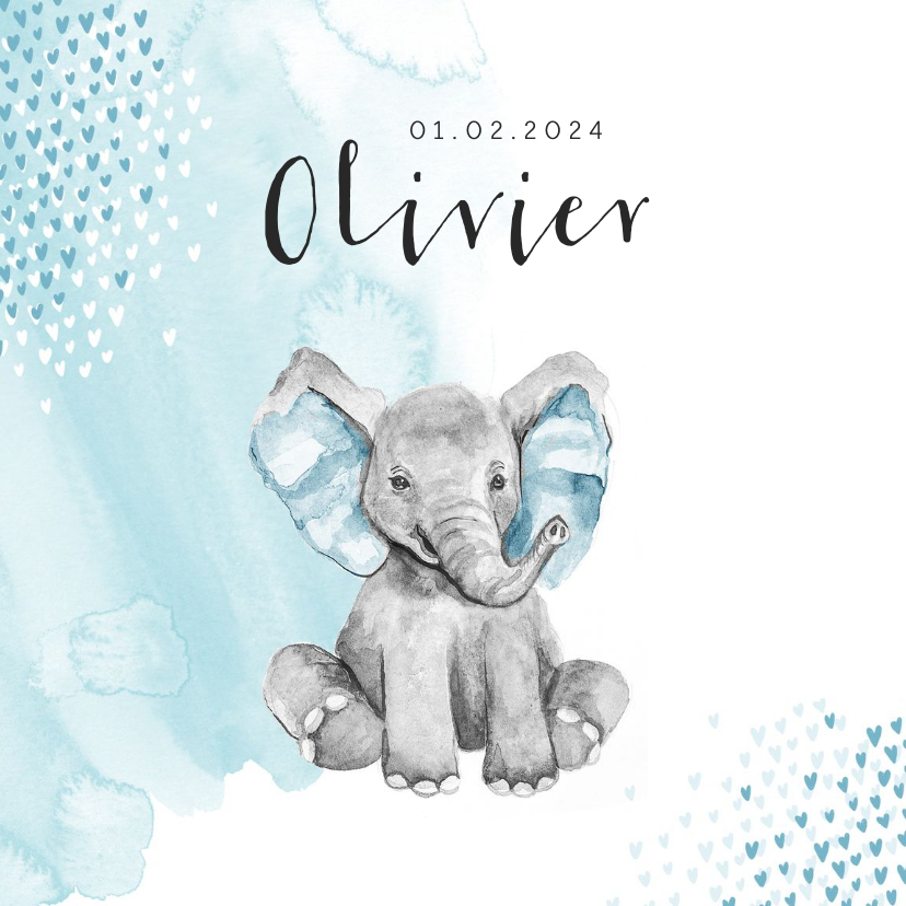 Geboortekaartjes - Geboortekaartje jongen olifant waterverf hartjes blauw