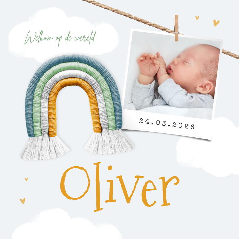 Geboortekaartjes - Geboortekaartje jongen regenboog foto hartjes wolken