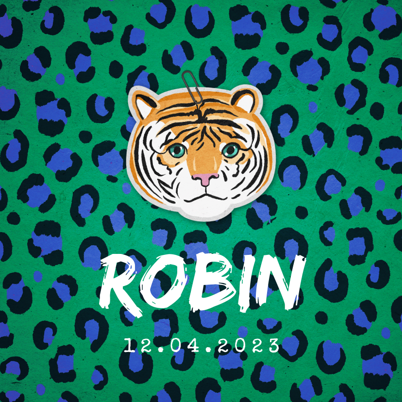 Geboortekaartje jongen stoer tijger panterprint groen blauw - Geboortekaartjes Geboortekaartjes - Geboortekaartje jongen stoer tijger panterprint groen blauw