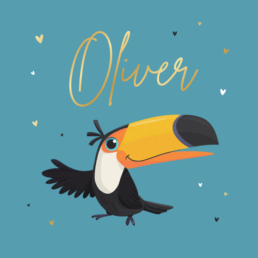 Geboortekaartje jongen toekan vogel hartjes goud - Geboortekaartjes Geboortekaartjes - Geboortekaartje jongen toekan vogel hartjes goud