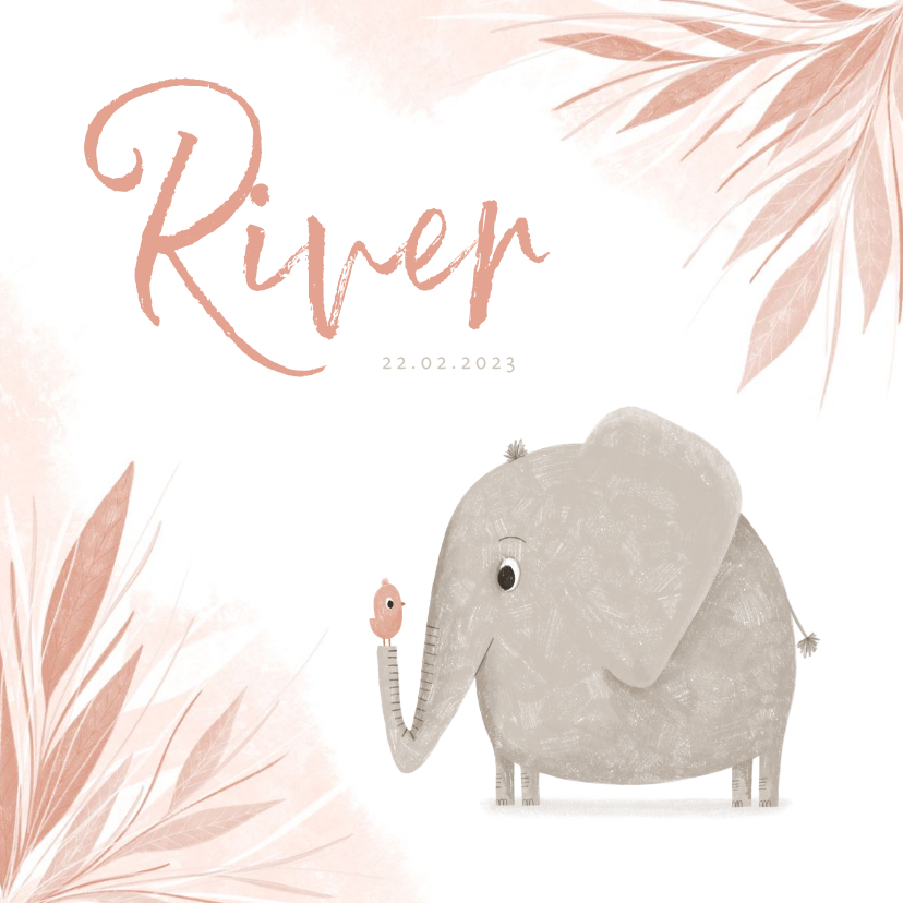 Geboortekaartje jungle blaadjes met olifant en vogel - Geboortekaartjes Geboortekaartjes - Geboortekaartje jungle blaadjes met olifant en vogel