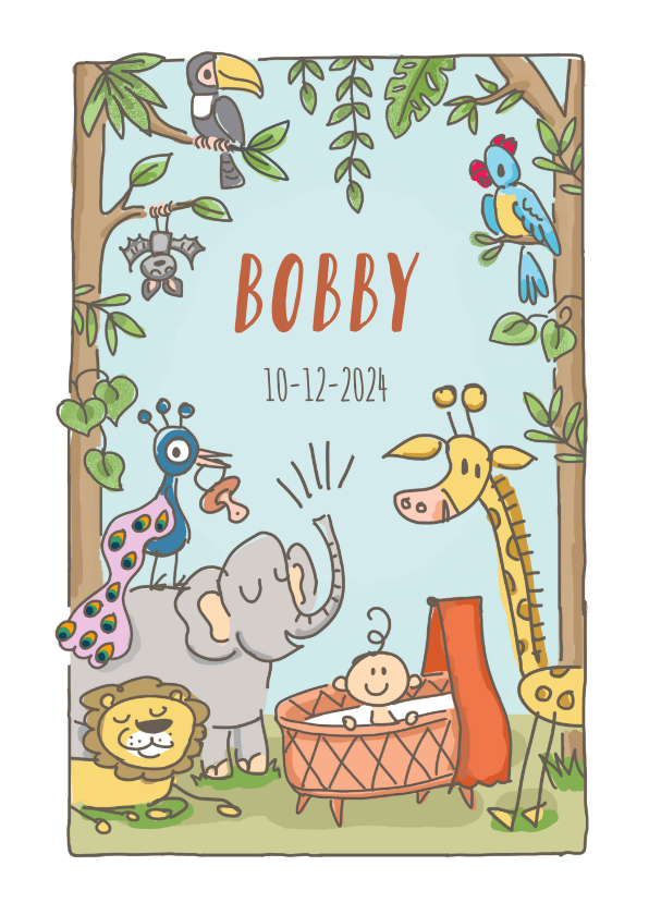 Geboortekaartjes - Geboortekaartje jungle dieren met baby
