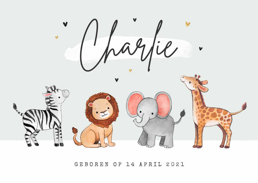 Geboortekaartje jungle dieren olifant zebra giraf leeuw - Geboortekaartjes Geboortekaartjes - Geboortekaartje jungle dieren olifant zebra giraf leeuw