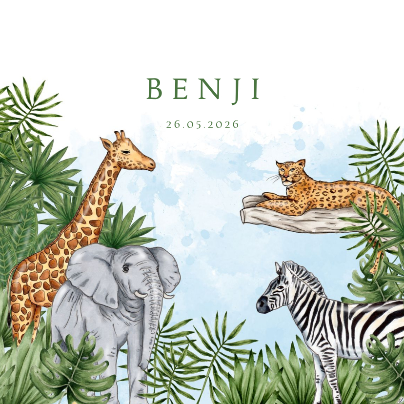 Geboortekaartje jungle dieren waterverf blauw - Geboortekaartjes Geboortekaartjes - Geboortekaartje jungle dieren waterverf blauw