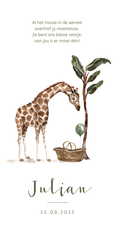 Geboortekaartjes - Geboortekaartje jungle giraf baby mandje boom