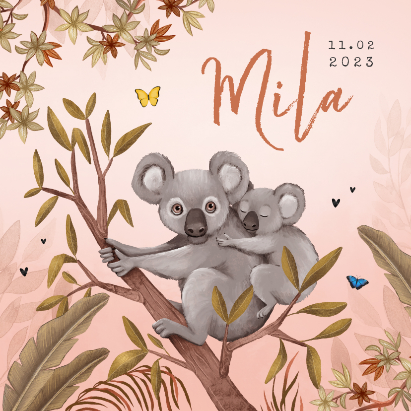 Geboortekaartjes - Geboortekaartje jungle meisje koala beer vlinders