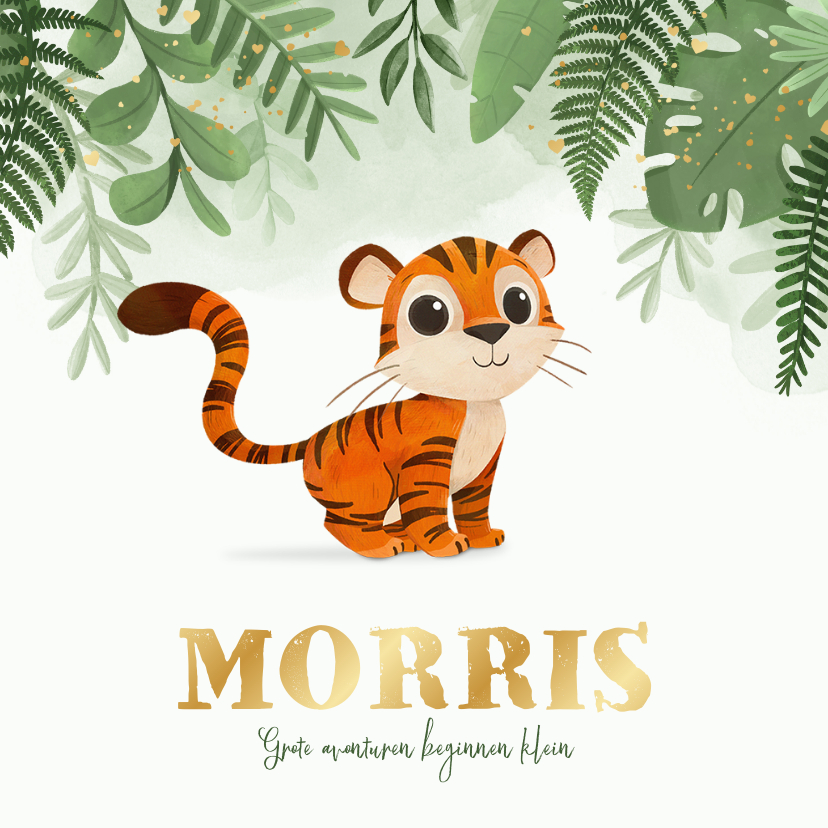 Geboortekaartje jungle tijger goud hartjes illustratie - Geboortekaartjes Geboortekaartjes - Geboortekaartje jungle tijger goud hartjes illustratie