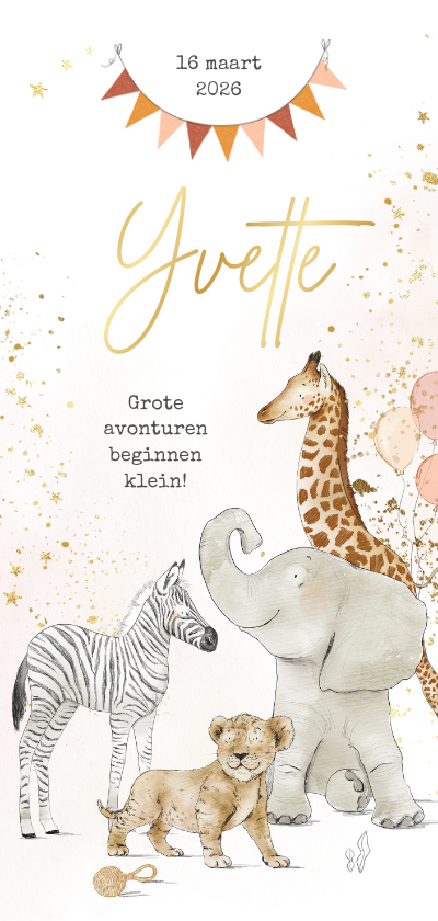 Geboortekaartje jungledieren watercolour goudlook vlaggen - Geboortekaartjes Geboortekaartjes - Geboortekaartje jungledieren watercolour goudlook vlaggen