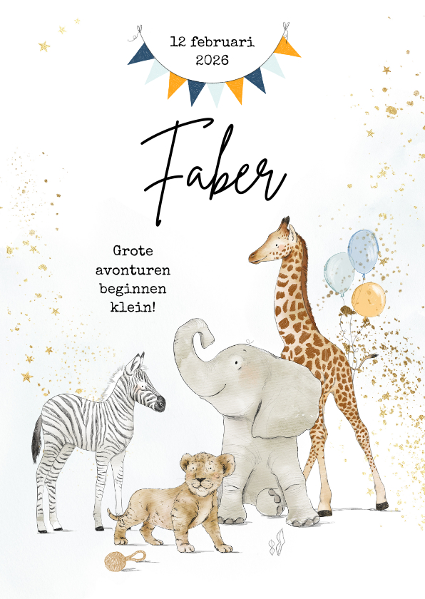 Geboortekaartje jungledieren waterverf goudlook vlaggen - Geboortekaartjes Geboortekaartjes - Geboortekaartje jungledieren waterverf goudlook vlaggen