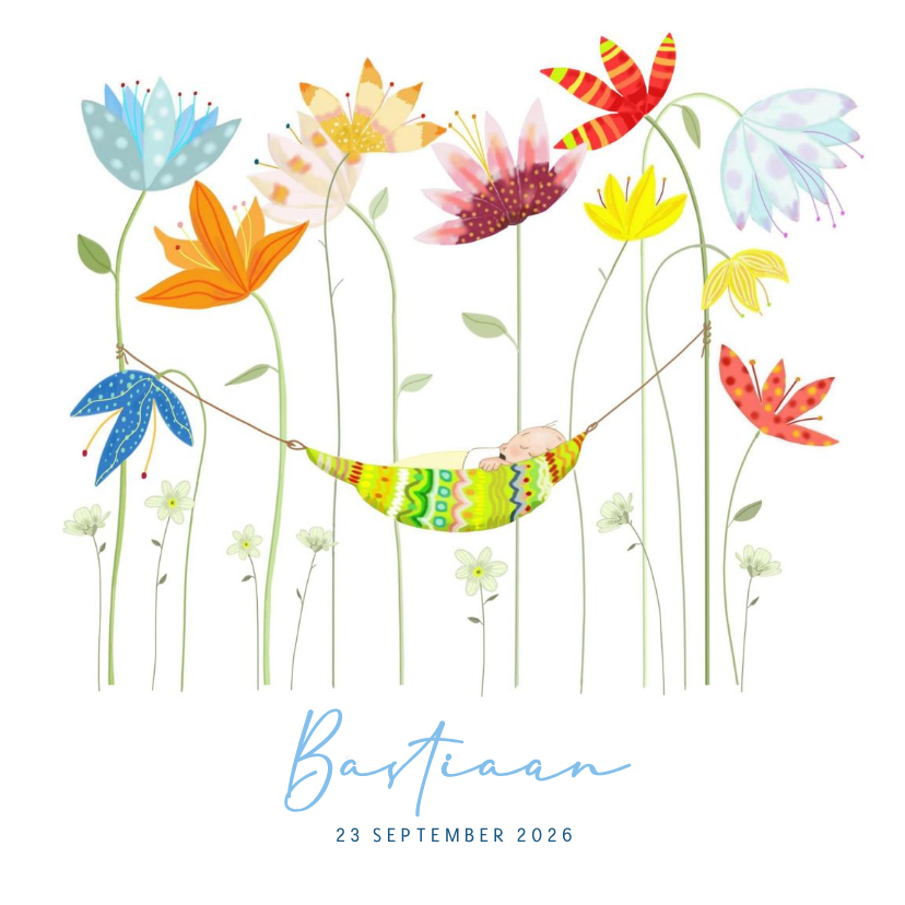 Geboortekaartje kleine baby tussen de bloemen - Geboortekaartjes Geboortekaartjes - Geboortekaartje kleine baby tussen de bloemen