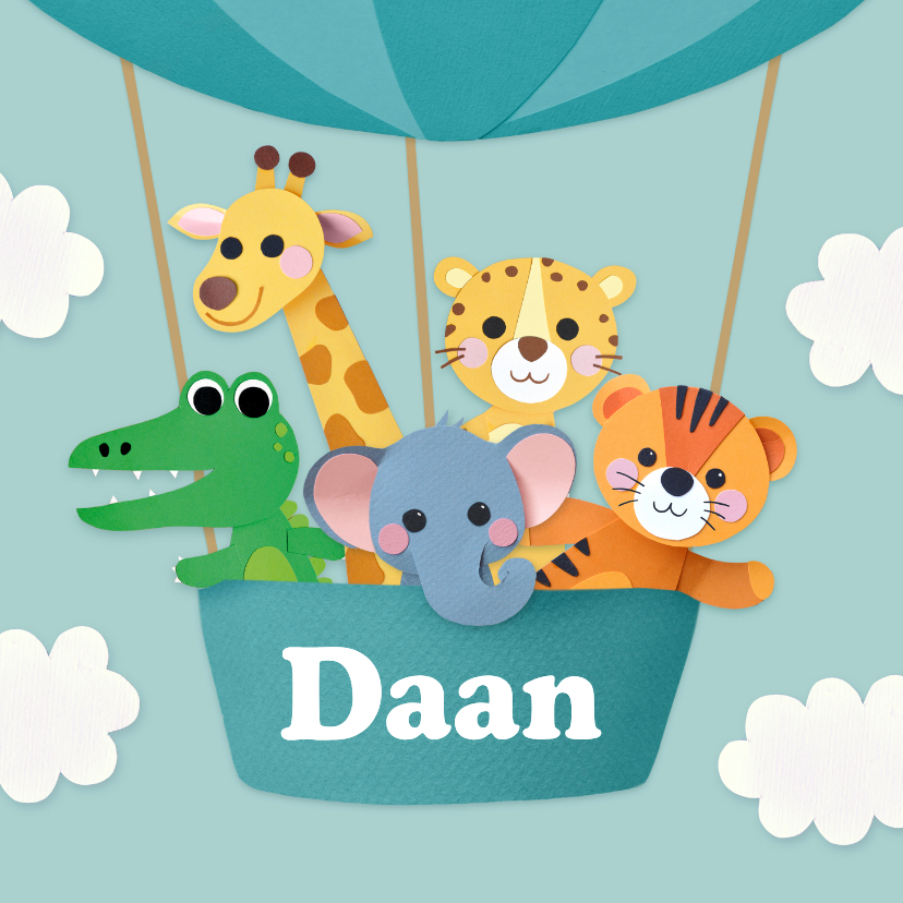 Geboortekaartjes - Geboortekaartje knuffel dieren in luchtballon blauw