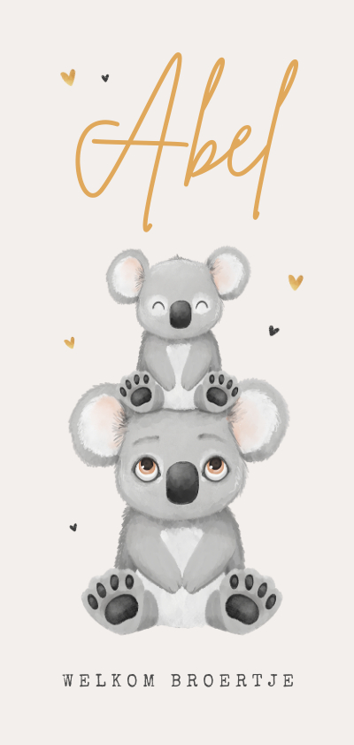 Geboortekaartjes - Geboortekaartje koala broertje zusje goud hartjes unisex