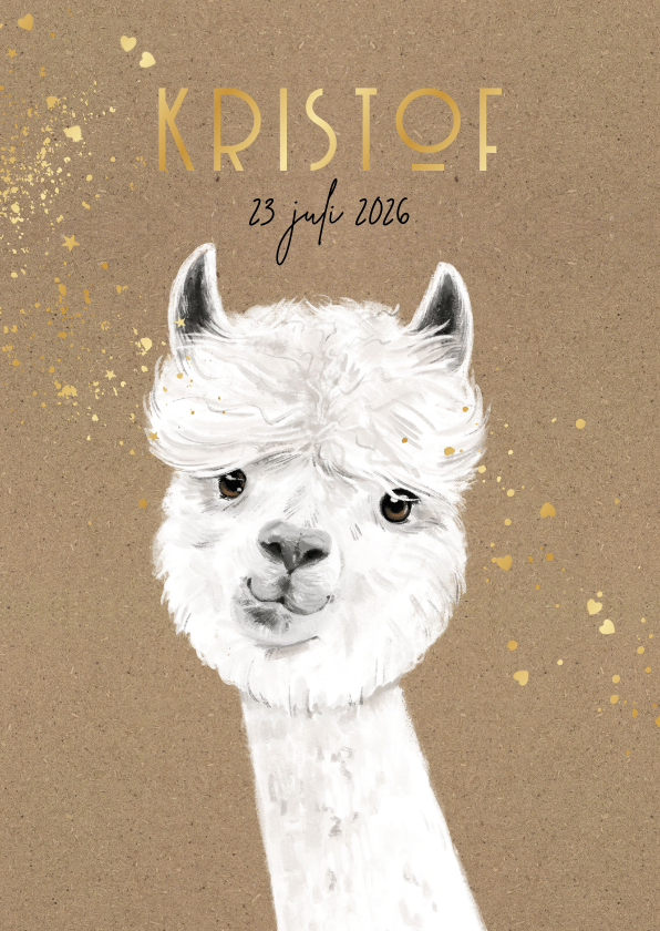 Geboortekaartje kraft alpaca illustratie goudfolie - Geboortekaartjes Geboortekaartjes - Geboortekaartje kraft alpaca illustratie goudfolie