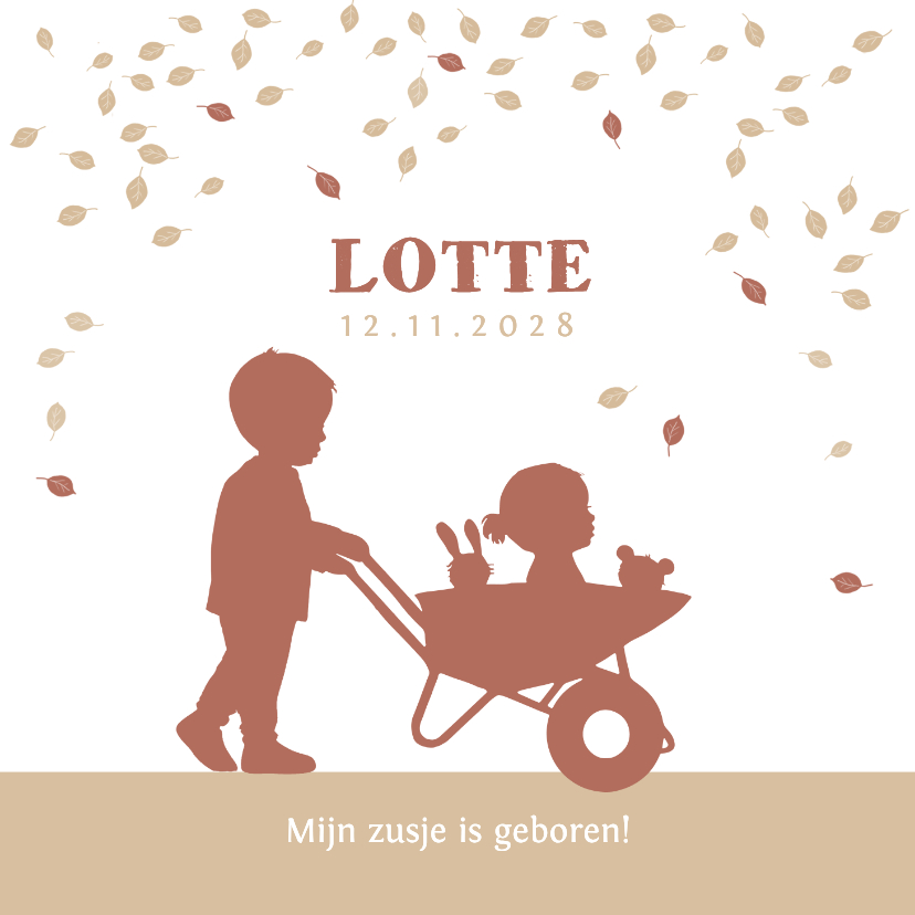 Geboortekaartje kruiwagen met zusje in kraftkleur - Geboortekaartjes Geboortekaartjes - Geboortekaartje kruiwagen met zusje in kraftkleur