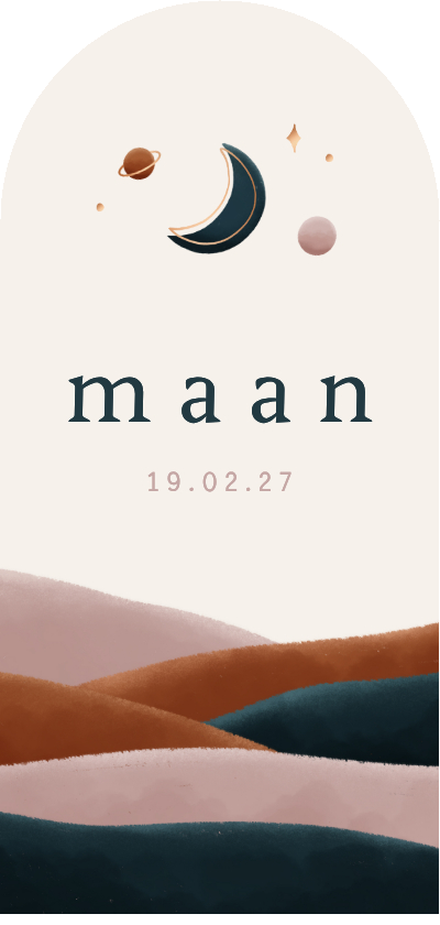 Geboortekaartjes - Geboortekaartje landschap maan en planeetjes boog vorm