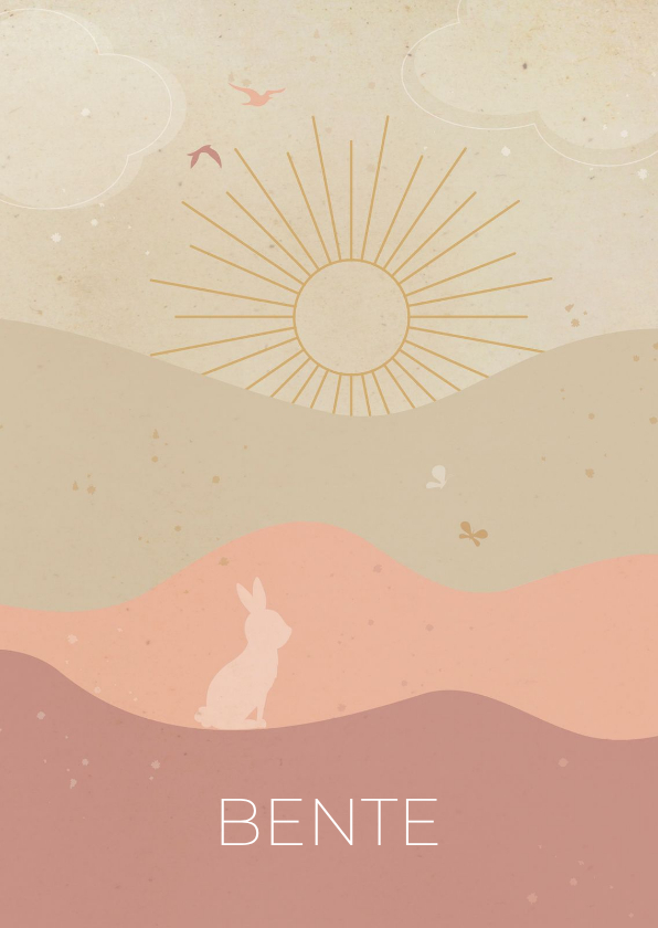 Geboortekaartje landschap met zon en konijntje roze - Geboortekaartjes Geboortekaartjes - Geboortekaartje landschap met zon en konijntje roze