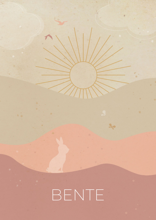 Geboortekaartjes - Geboortekaartje landschap met zon en konijntje roze