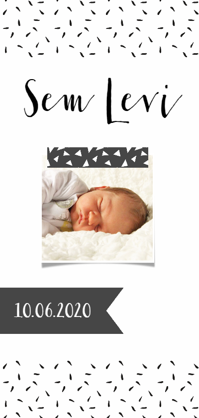 Geboortekaartje lang zwartwit label - Geboortekaartjes Geboortekaartjes - Geboortekaartje lang zwartwit label