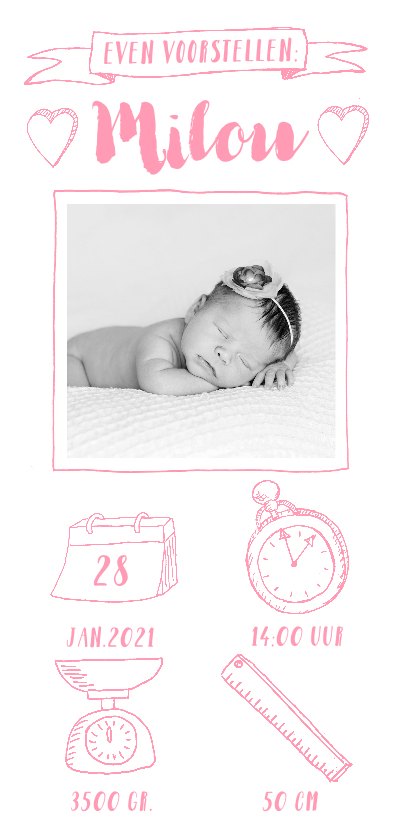 Geboortekaartje langwerpig foto icoontjes roze - Geboortekaartjes Geboortekaartjes - Geboortekaartje langwerpig foto icoontjes roze