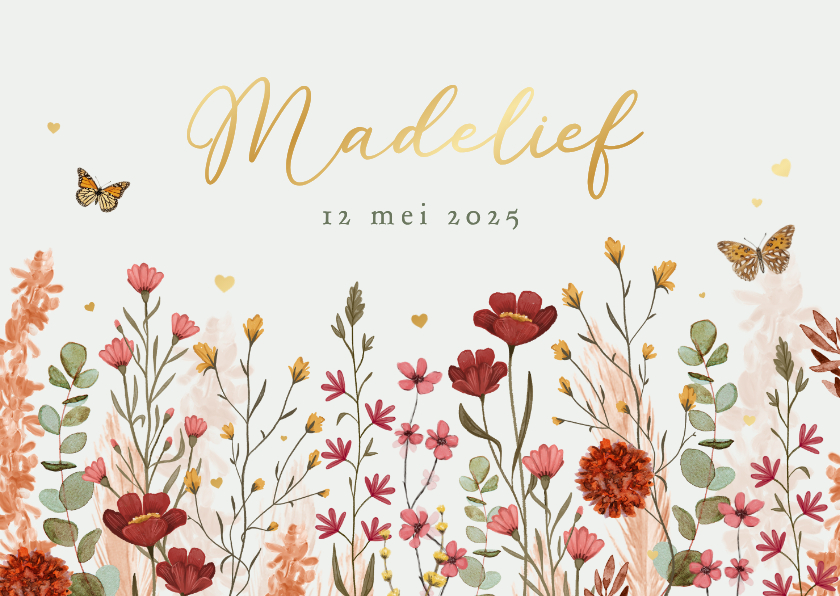 Geboortekaartjes - Geboortekaartje lente wilde bloemen vlinders hartjes goud
