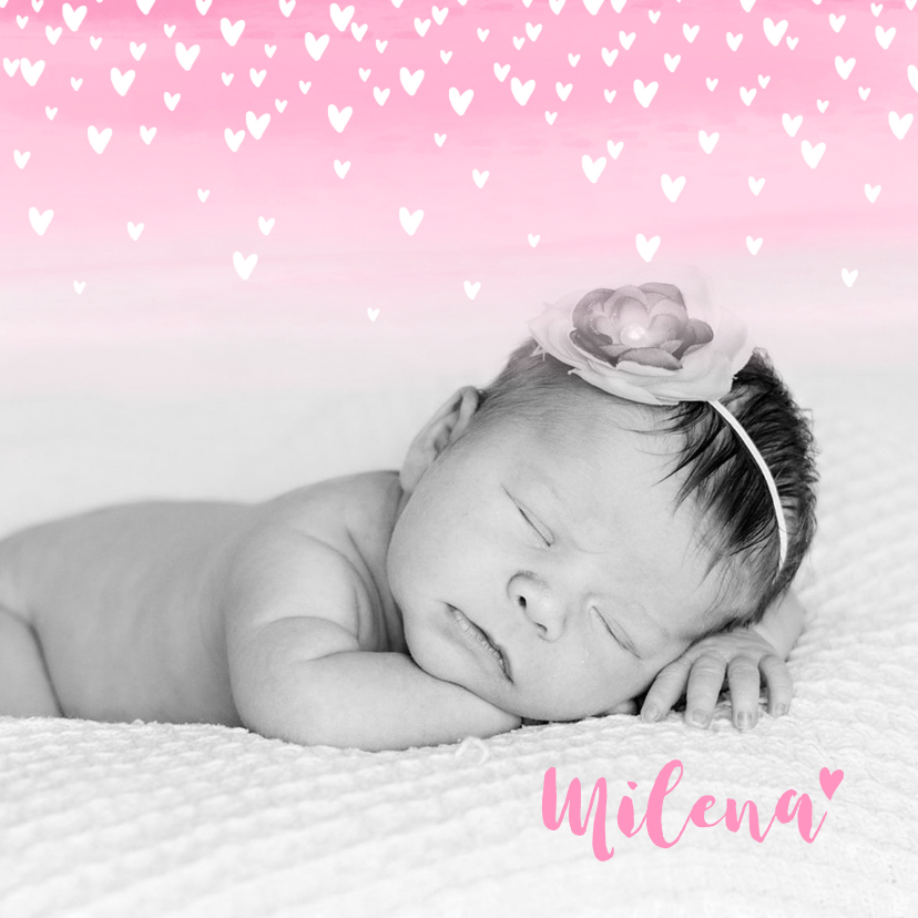 Geboortekaartjes - Geboortekaartje lief hartjes aquarel foto roze 