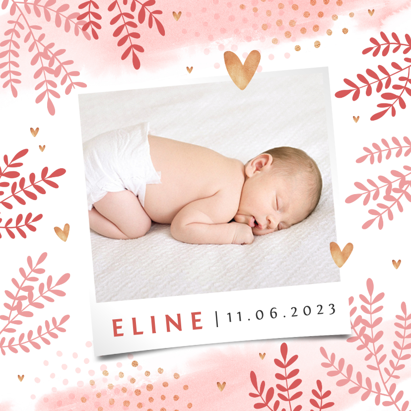 Geboortekaartje lief meisje foto hartjes goud blaadjes - Geboortekaartjes Geboortekaartjes - Geboortekaartje lief meisje foto hartjes goud blaadjes