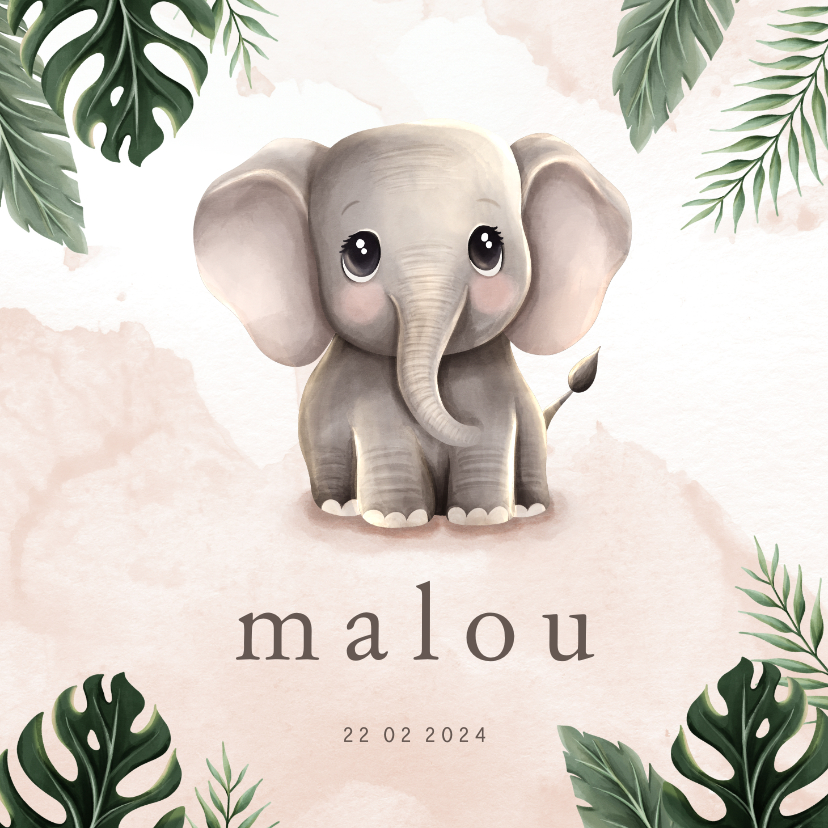 Geboortekaartjes - Geboortekaartje lief olifantje roze jungle thema