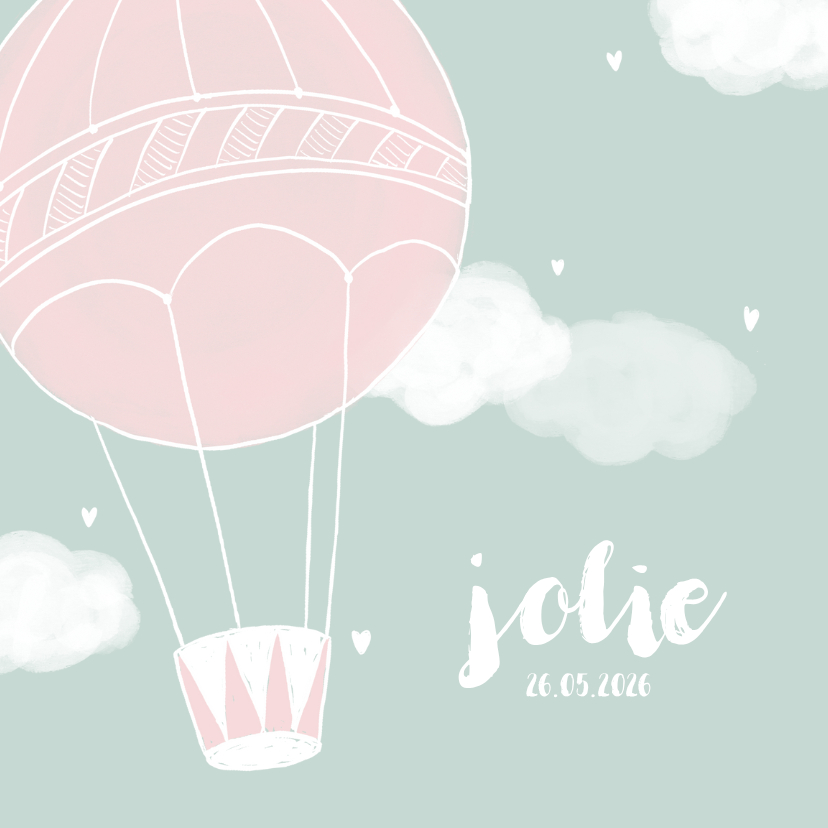 Geboortekaartjes - Geboortekaartje luchtballon wolken hartjes meisje